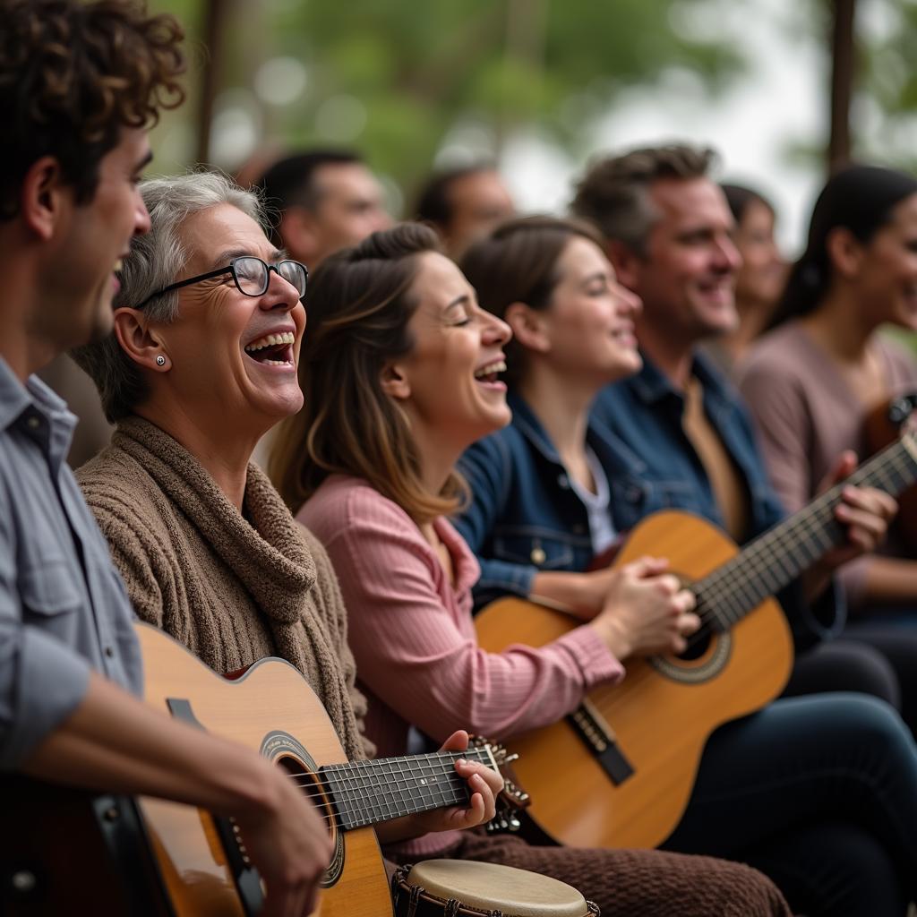 Community joyfully making music together, reinforcing collective cultural identity through participatory performance.