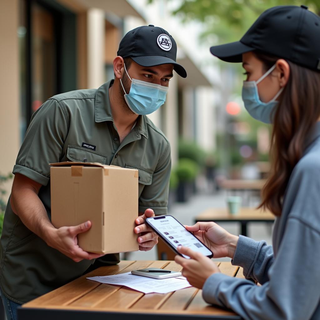 Contactless delivery of online shopping order, showing changed consumer behavior and service adaptation during pandemic.