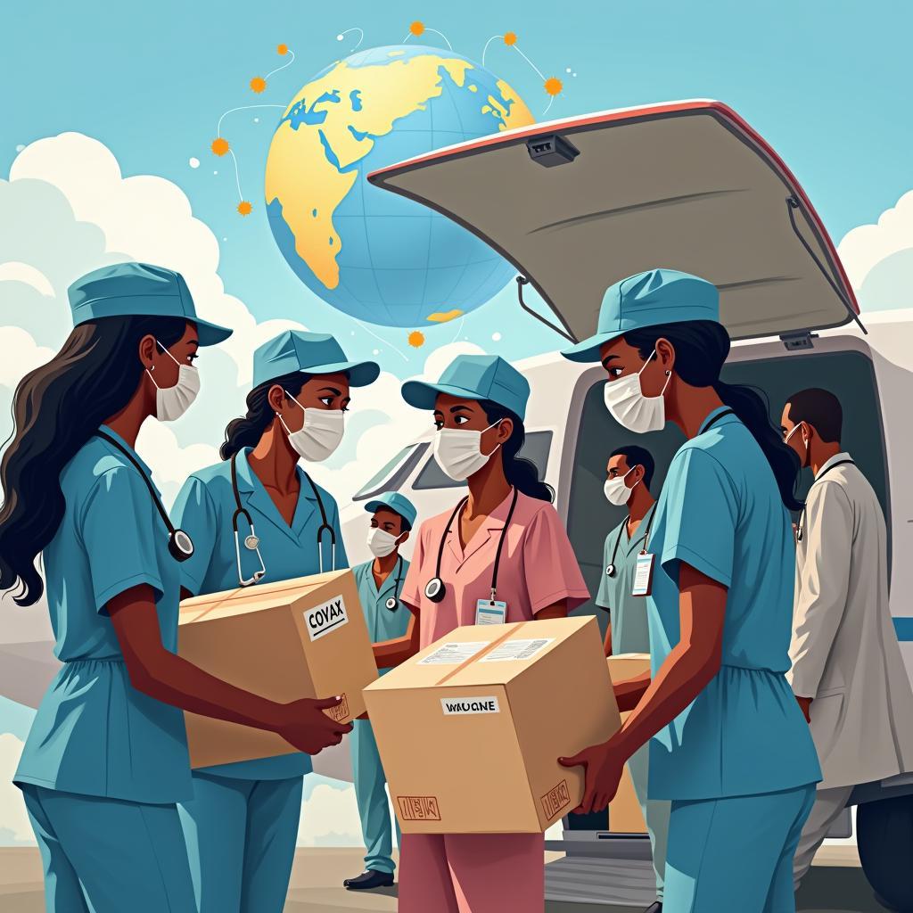 COVAX initiative delivering COVID-19 vaccines to low-income nations, showcasing global cooperation and logistics.