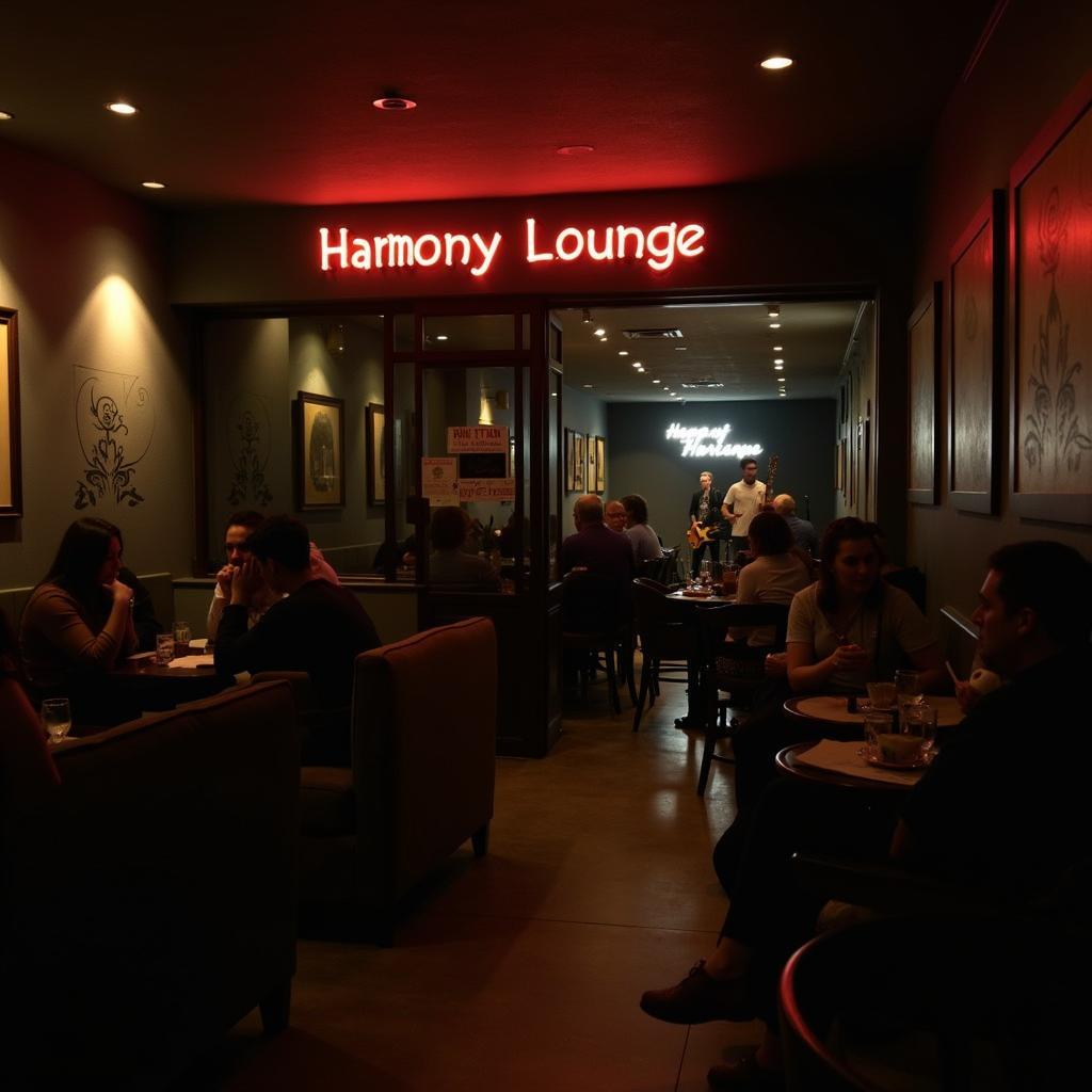 Cozy artistic Harmony Lounge cafe interior for live jazz and classical music listening.