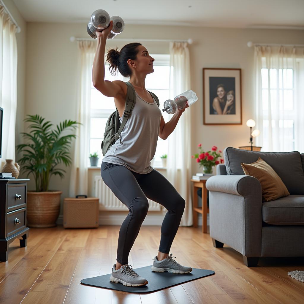 Person creatively using household items like water bottles as weights for DIY home fitness.