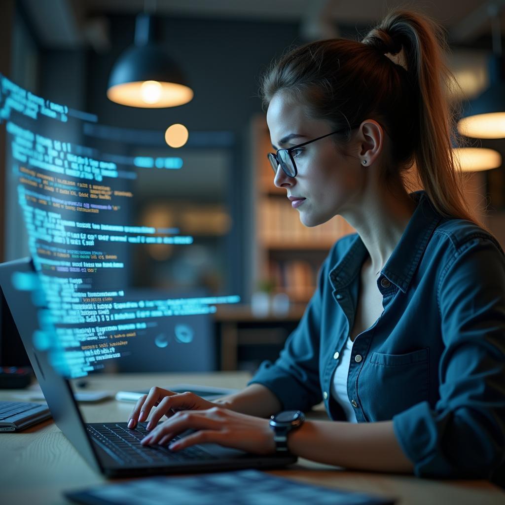 Creative female software developer intensely working on a laptop, surrounded by digital representations of code, solving a complex bug.