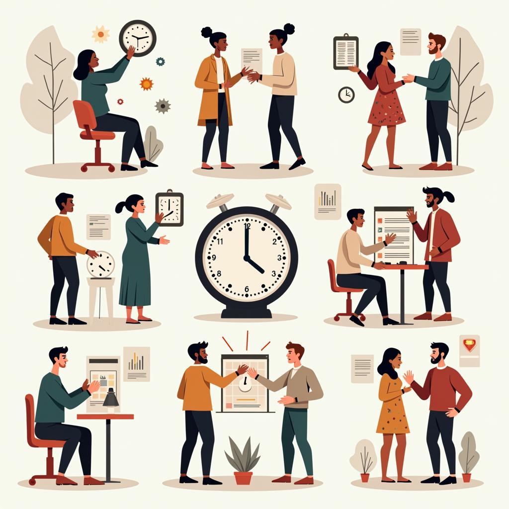 Diverse cultural approaches to time management illustrated with clocks, calendars, and global business interactions.