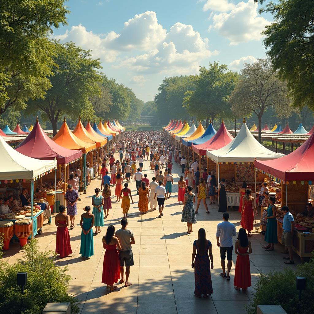 People celebrating at a vibrant cultural diversity festival with international food, art, and music performances