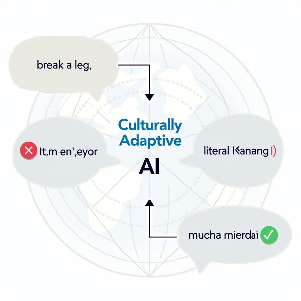 Infographic showing culturally adaptive AI accurately translating idiomatic expression considering cultural context.