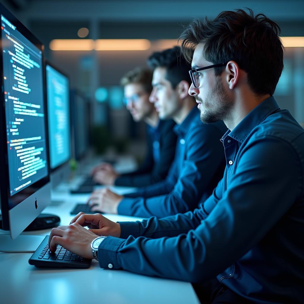 Business professionals implementing cybersecurity measures in corporate environment