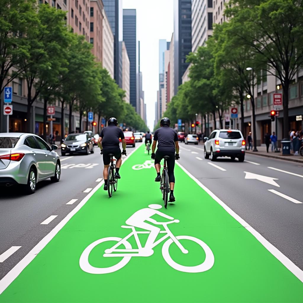 City street with dedicated bike lanes, cyclists show government investment in bike-friendly infrastructure.
