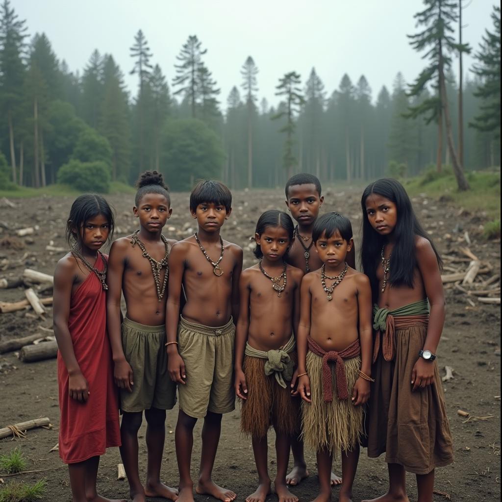 Local community members near village with deforested backdrop, illustrating displacement and loss.