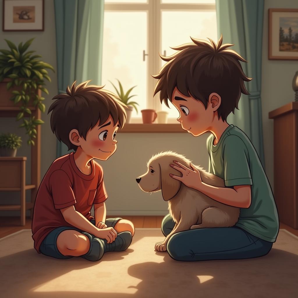 Sibling delivering sad news about pet loss to younger brother in a comforting home environment