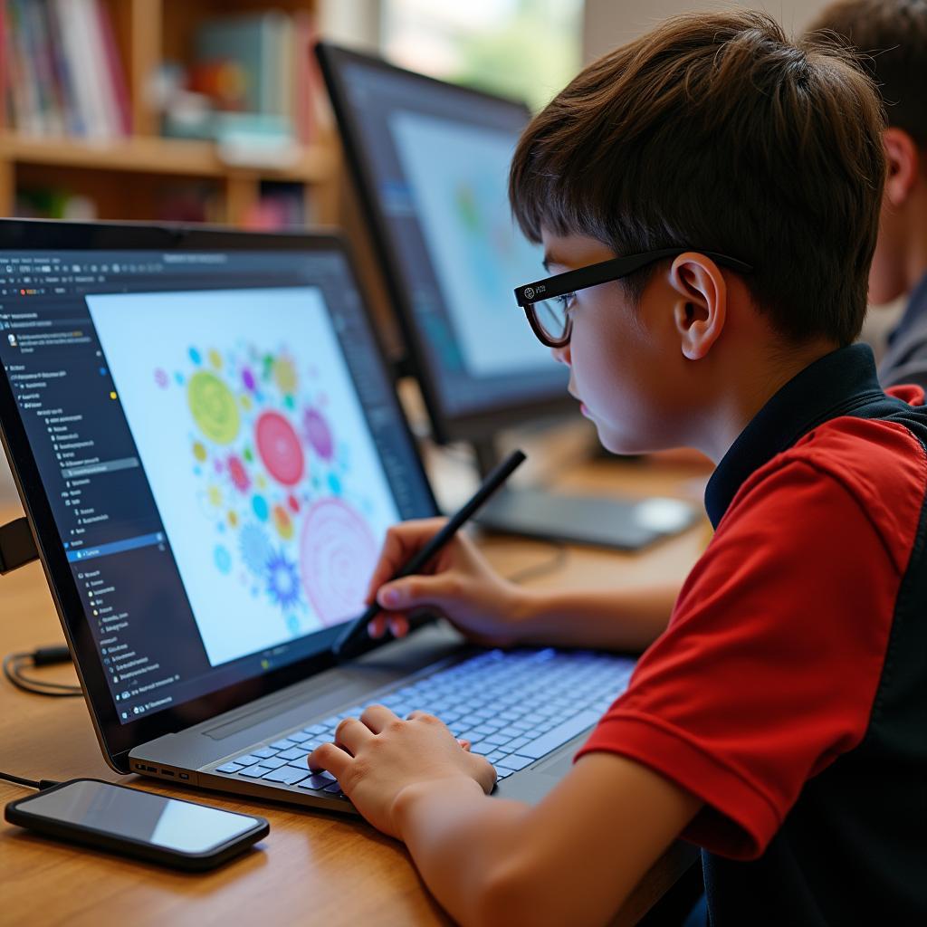 Student creating digital art on tablet with stylus, showing tech-art integration in education.
