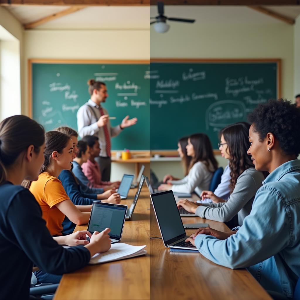 Split visual contrasting traditional classroom with modern digital online learning, showcasing societal impact of democratized education.