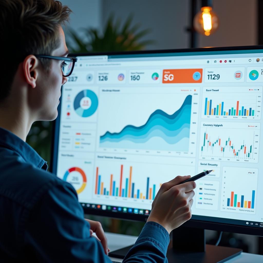 Marketing specialist analyzes consumer data on dashboard with social media icons, optimizing digital campaigns.