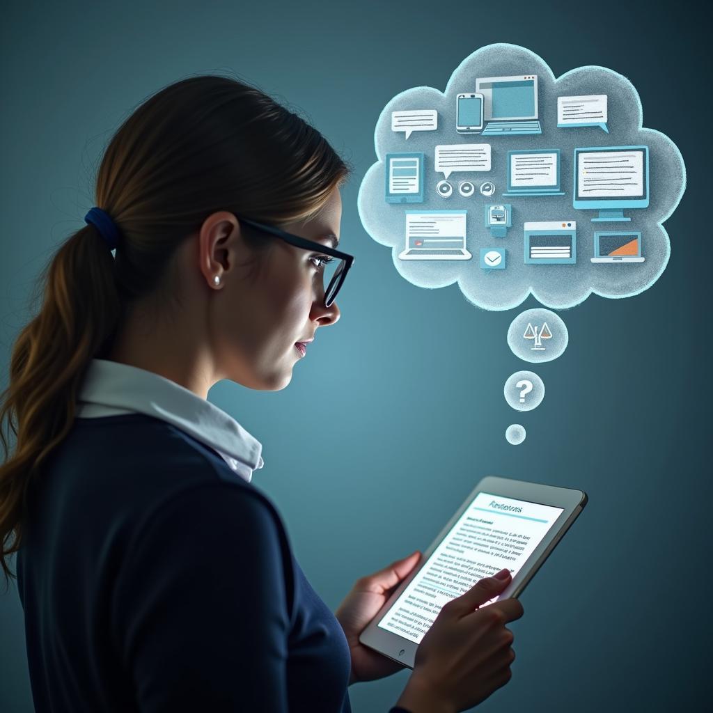 Illustration of a person with a thought bubble showing self-reflection on their online information consumption and biases, representing digital metacognition.