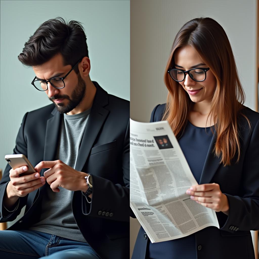 Comparison of digital news on smartphone versus traditional print newspaper consumption illustrating media evolution