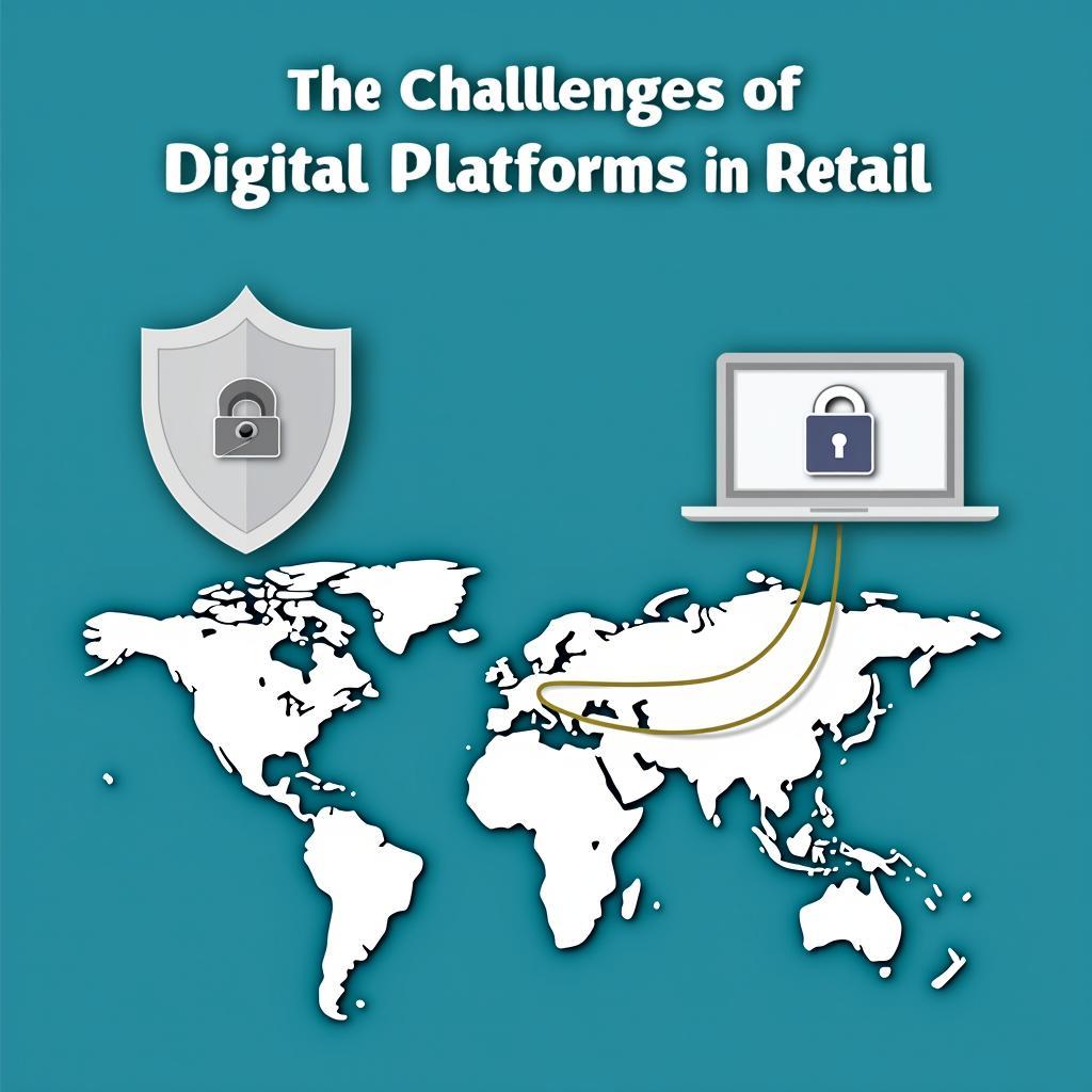 Visual representation of digital retail challenges including cybersecurity threats, data privacy concerns, and the digital divide.