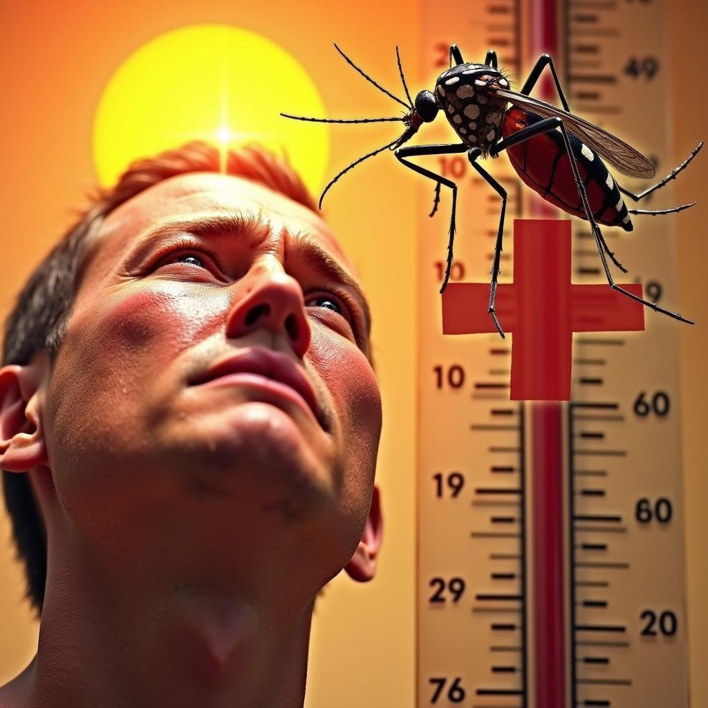 Visual representation of direct climate change health impacts: person with heatstroke, disease-spreading mosquitoes.