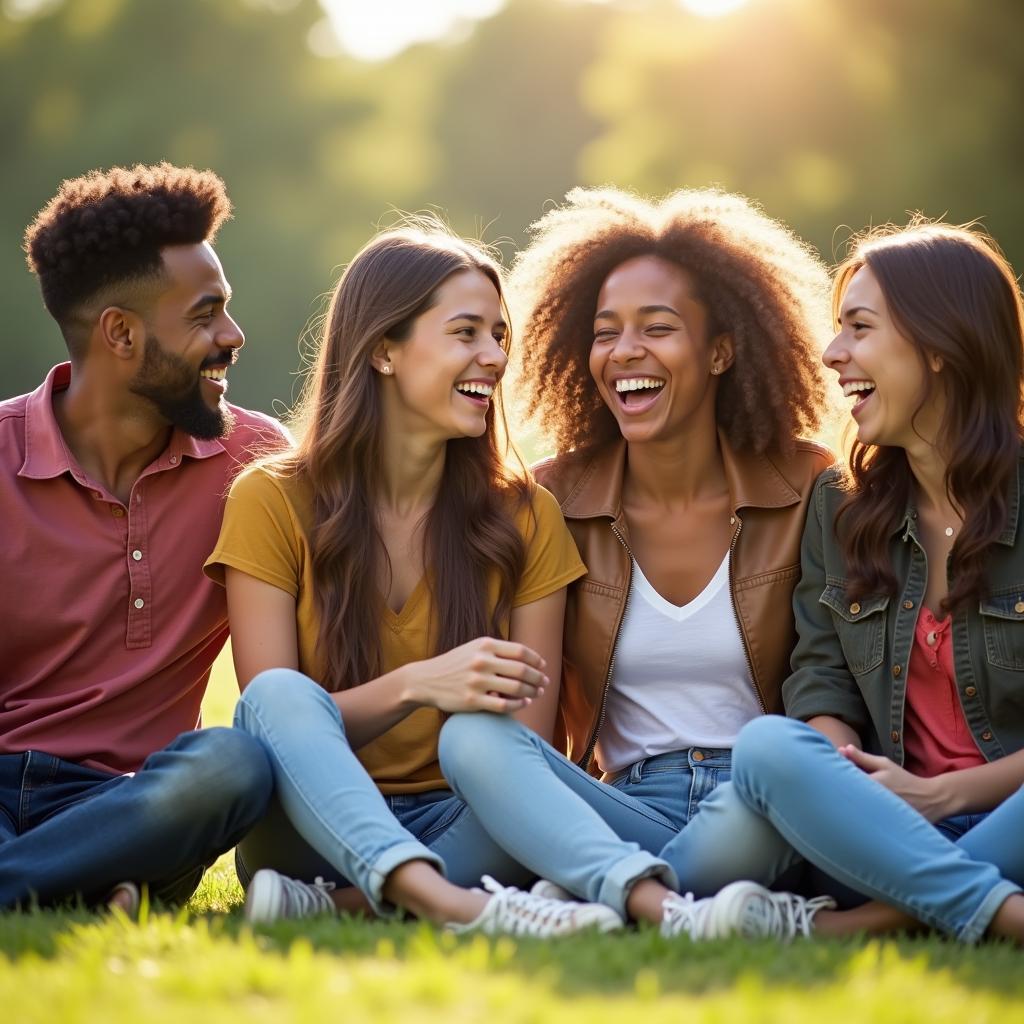 Diverse friends laughing heartily outdoors, perfect illustration of shared joy for IELTS speaking cue cards.