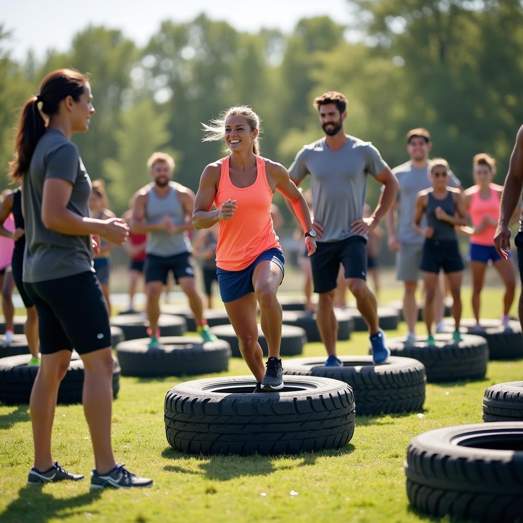 Diverse group of people participating in a functional fitness class involving tire flips outdoors