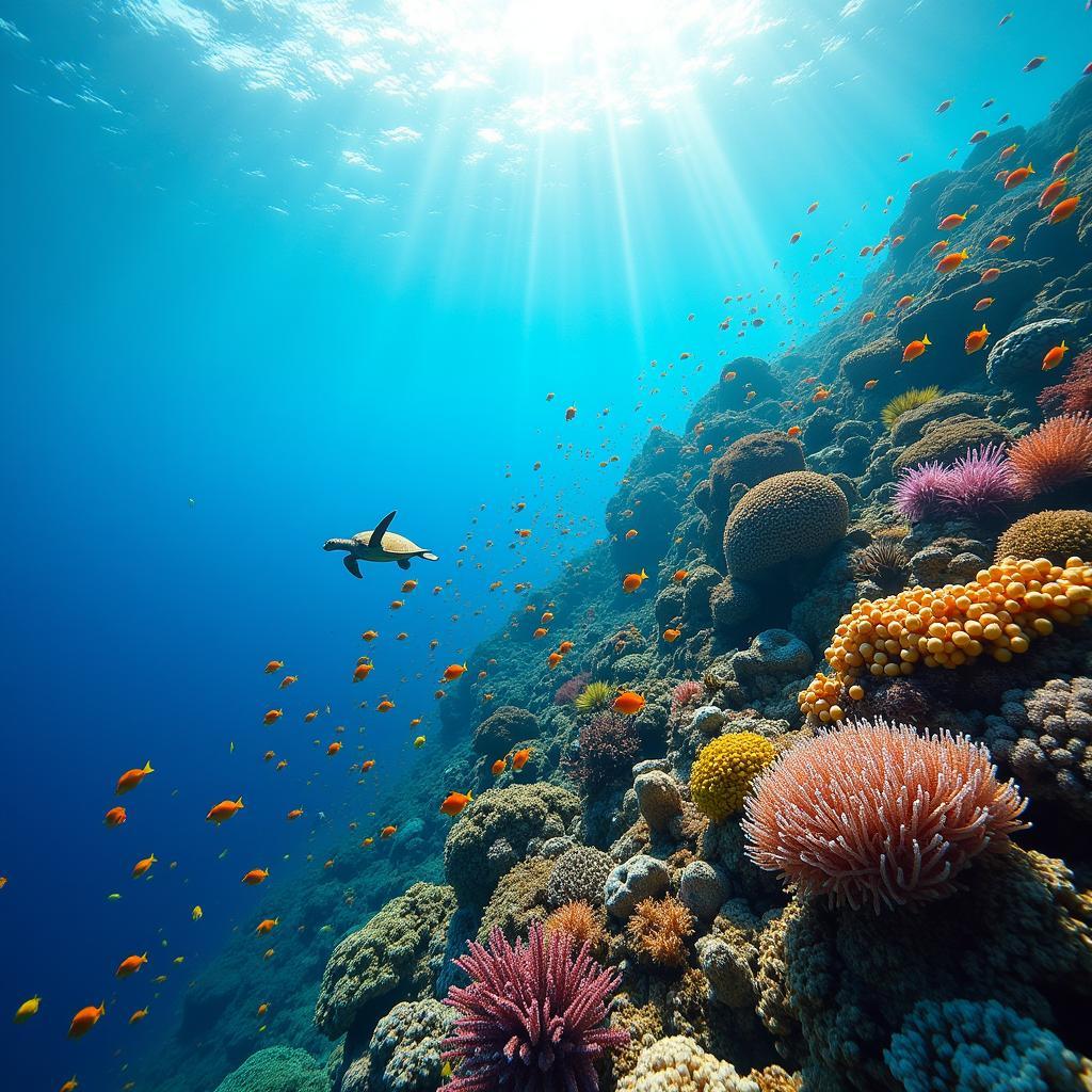 Vibrant underwater scene showcasing rich marine biodiversity in a healthy coral reef ecosystem with various species.