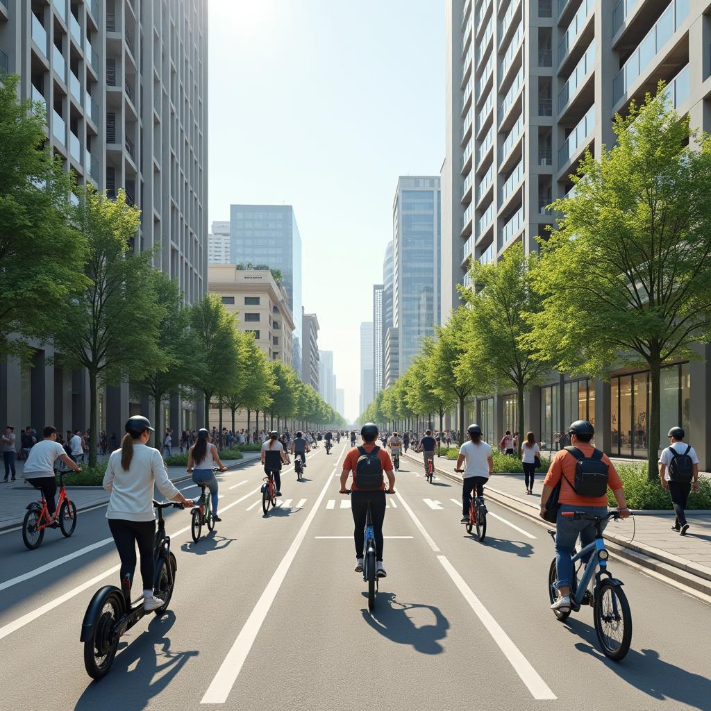 Various micro-mobility vehicles like e-scooters and e-bikes used in a modern, bustling city environment.