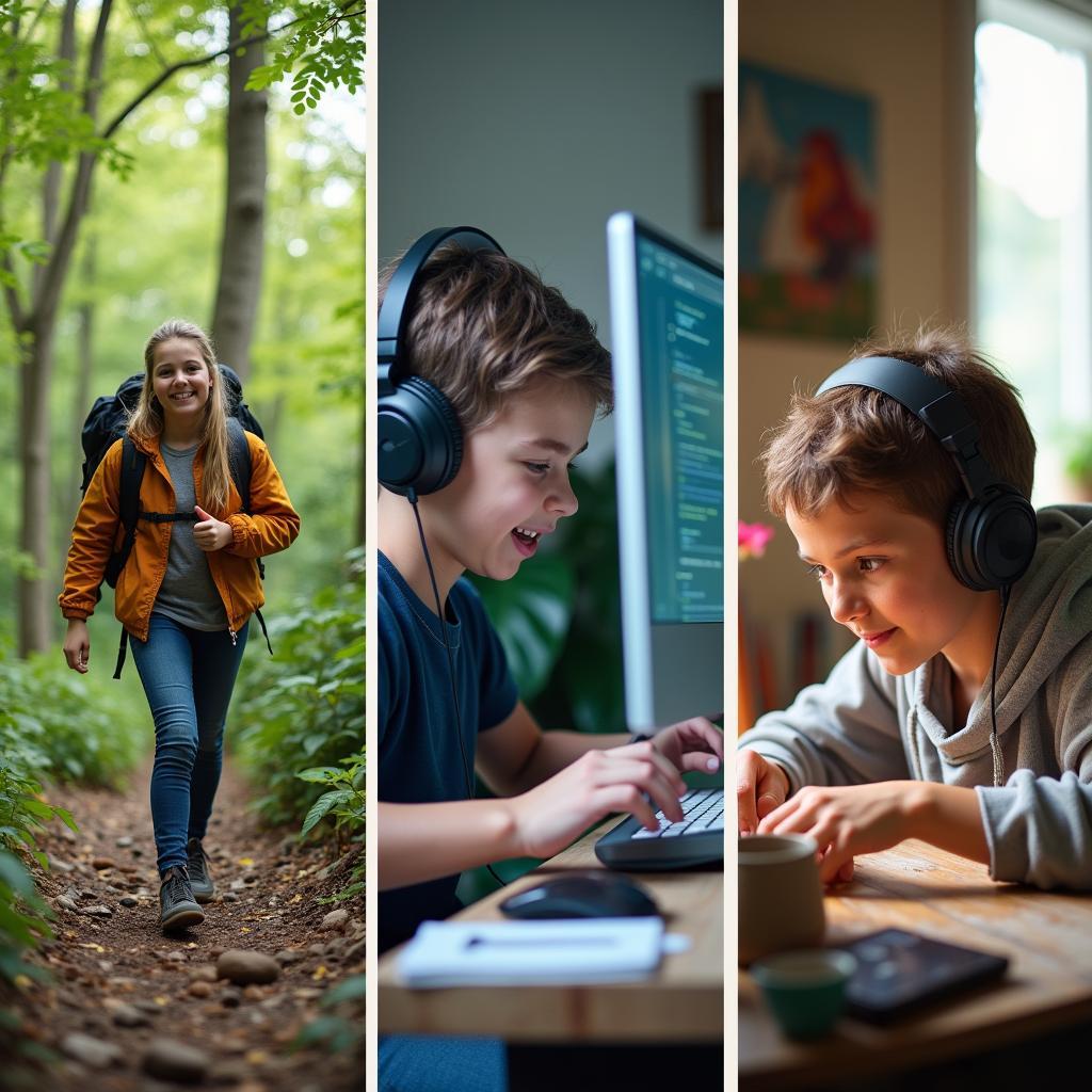 Montage showing diverse individuals engaging in various hobbies like hiking, video gaming, and artistic pursuits, illustrating hobby evolution and popularity.