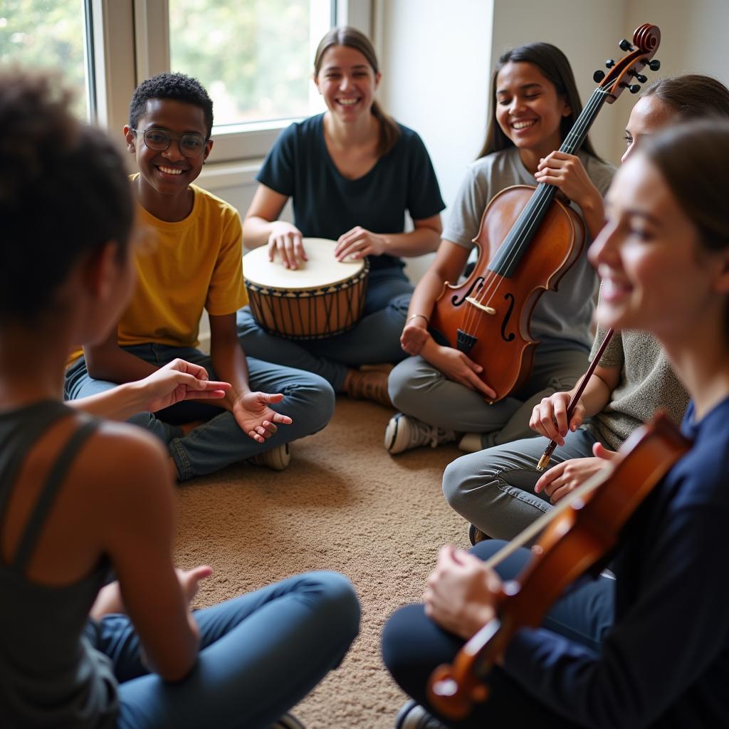 Diverse students sharing global music traditions, fostering cross-cultural understanding through music education.
