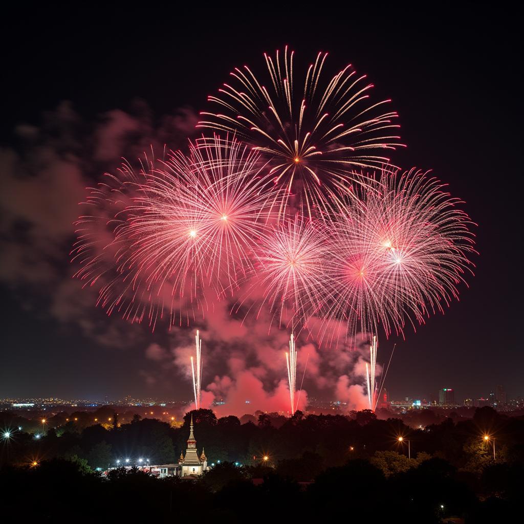 IELTS Speaking: A spectacular display of Diwali fireworks illuminating the night sky, capturing the festival's awe-inspiring essence.