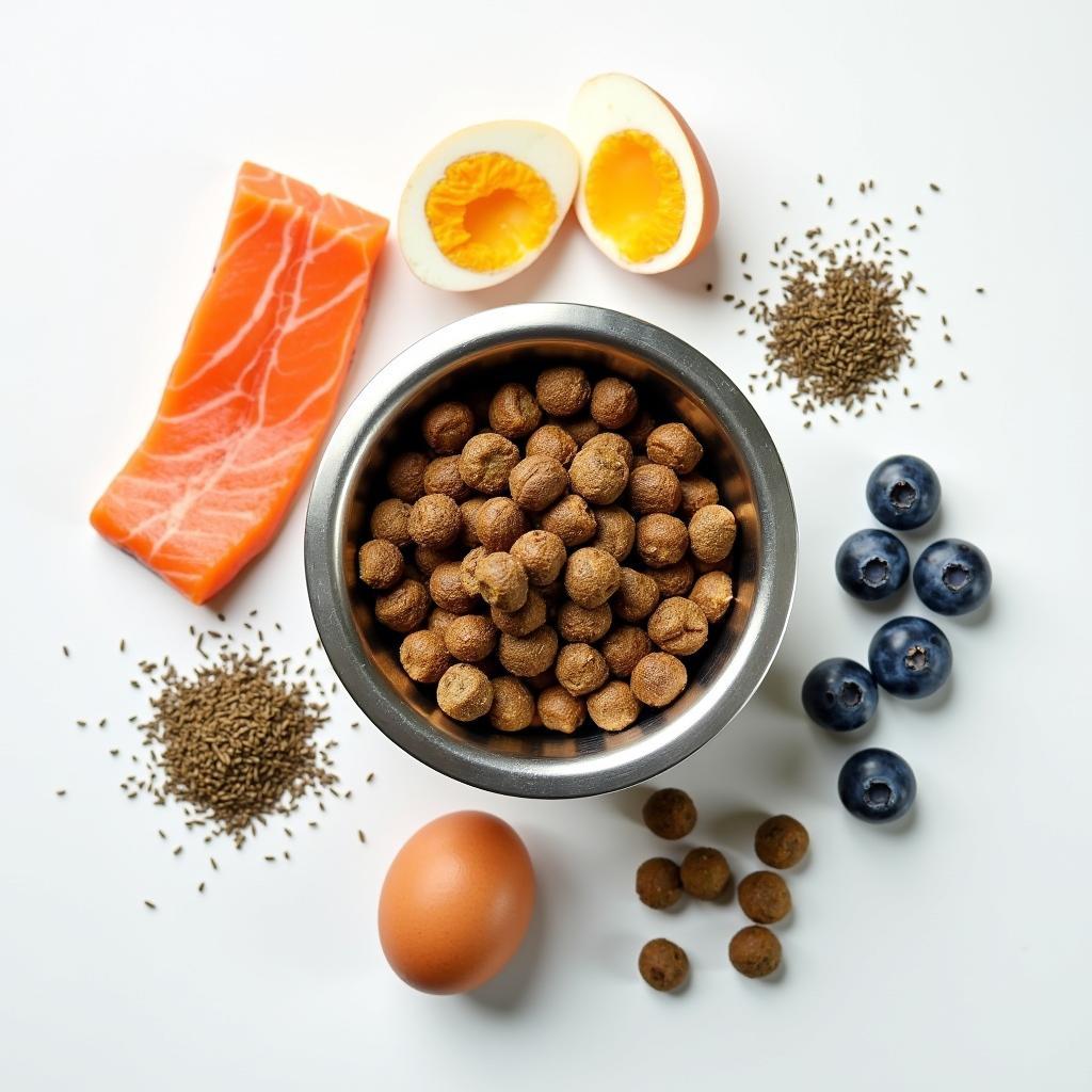 Bowl of high-quality dog kibble surrounded by ingredients like salmon, eggs, and flaxseed beneficial for dog's coat health