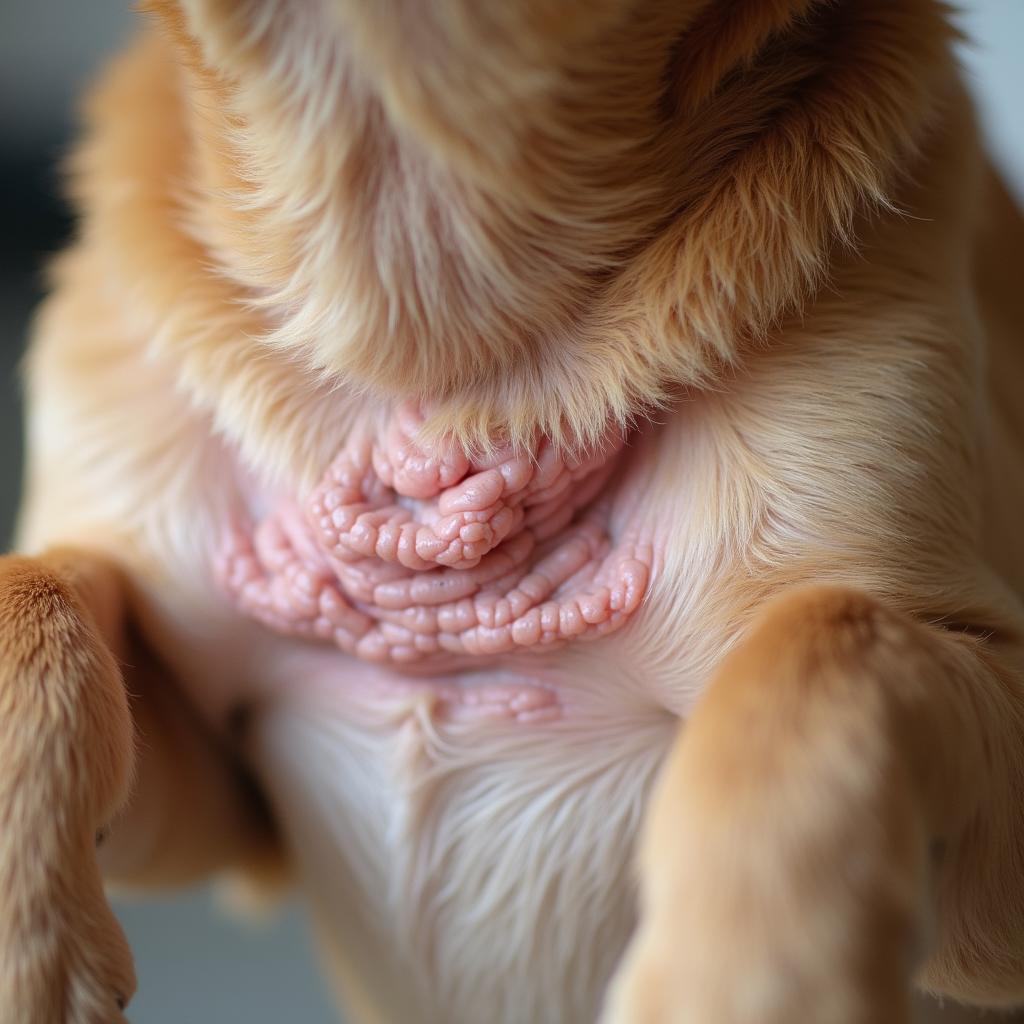 Close-up of a dog intensely scratching its neck area due to flea infestation, showing irritated skin and hair loss
