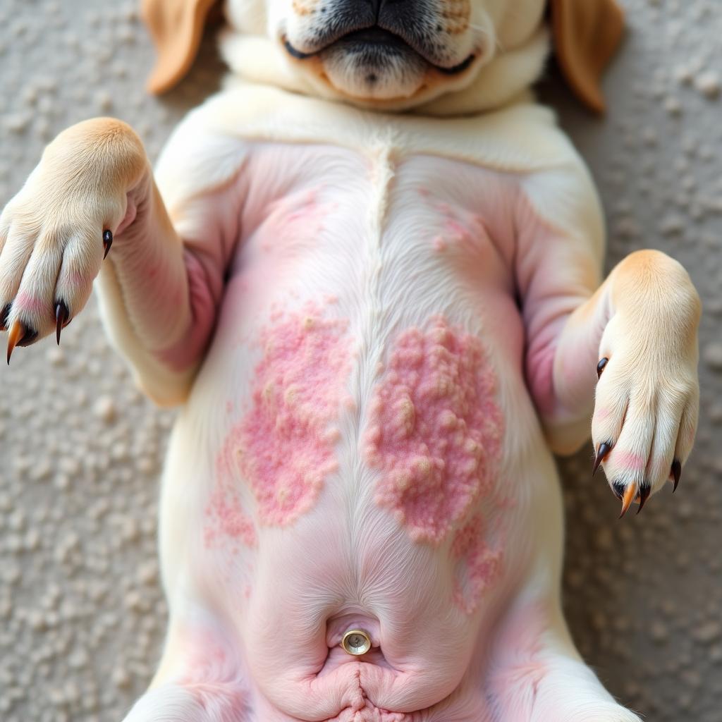 A dog with visible red, inflamed patches of skin on its belly and armpits due to an allergic reaction, leading to hair loss