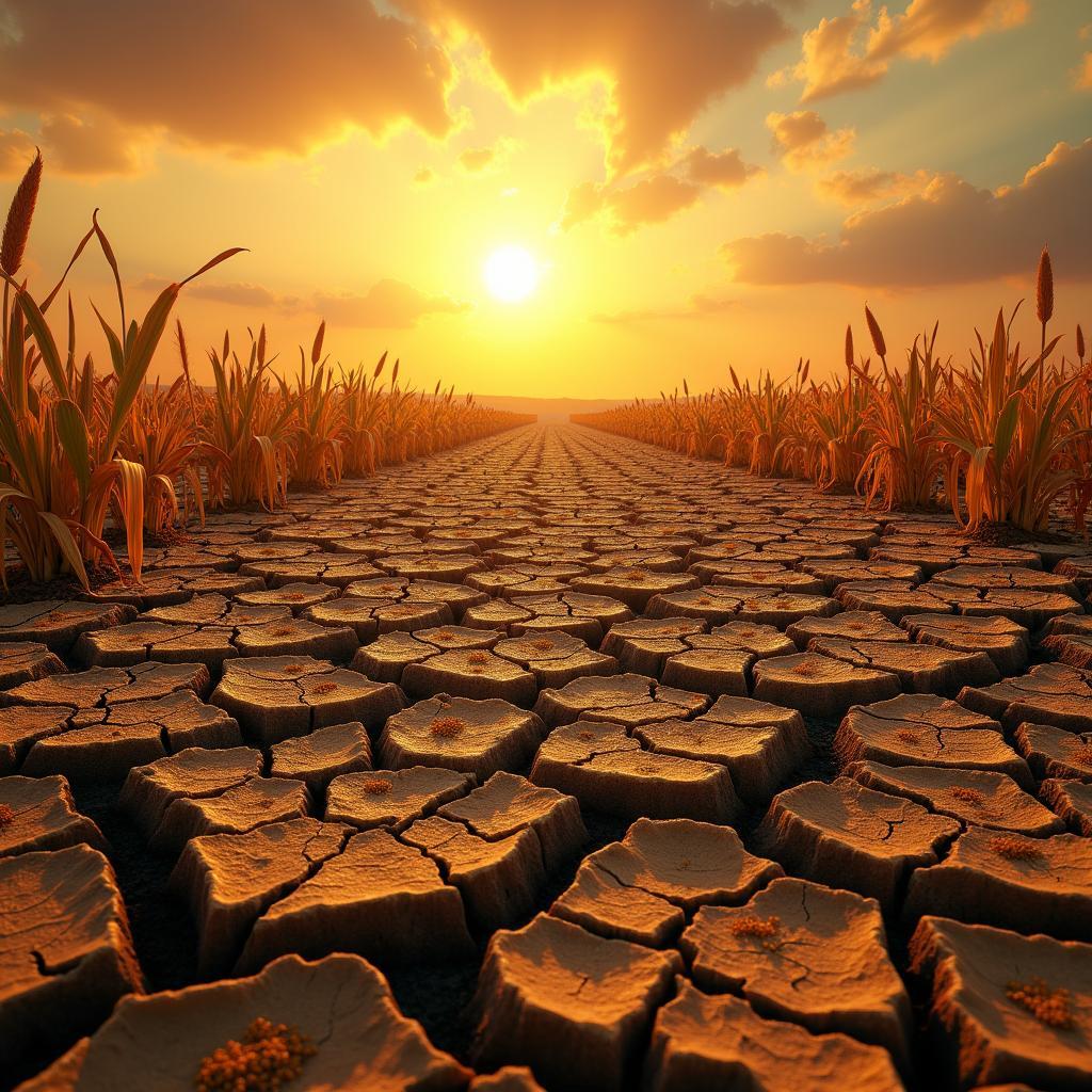 Cracked dry earth in farm field with wilting crops symbolizing drought impact on agricultural yields