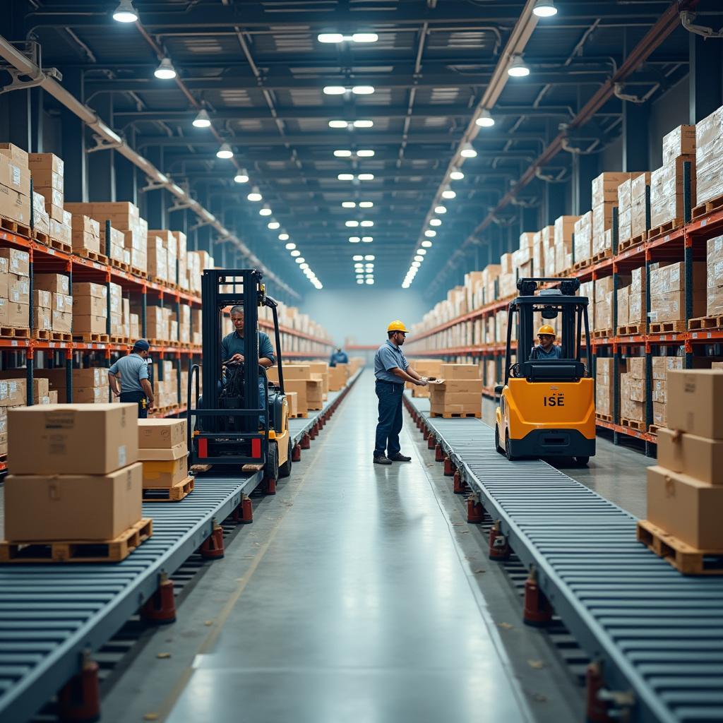 Modern e-commerce warehouse with workers and automation creating new job opportunities in logistics sector.