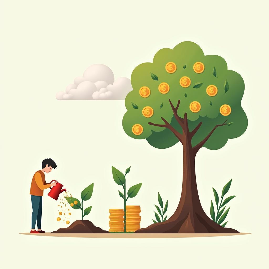 Early financial planning: coin-leaf sapling grows to tree, symbolizing compound interest and future financial security.