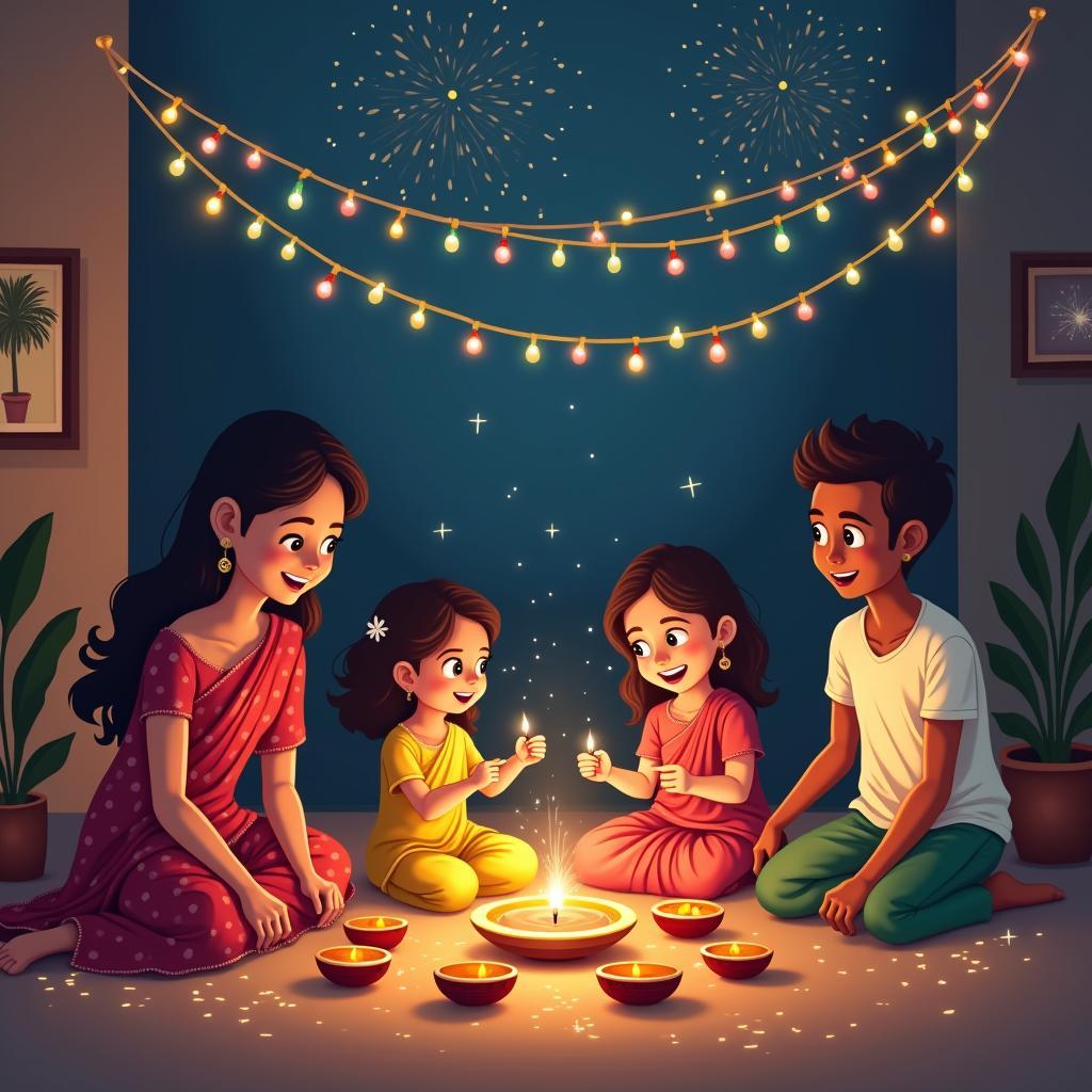 IELTS Speaking: Modern Diwali showing eco-friendly celebration trends like LED lights and green crackers alongside traditional customs.
