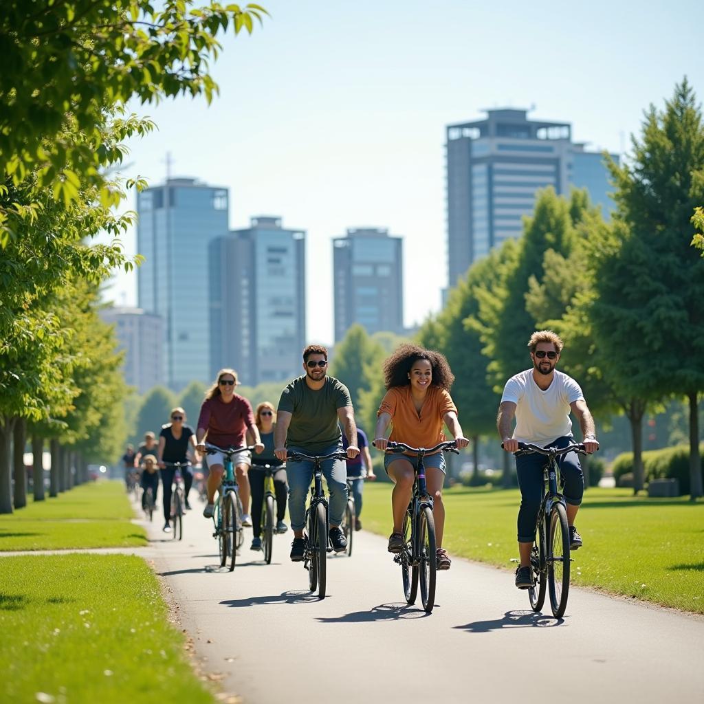Cyclists in green urban park, eco-friendly transport reducing carbon footprint, promoting city health.