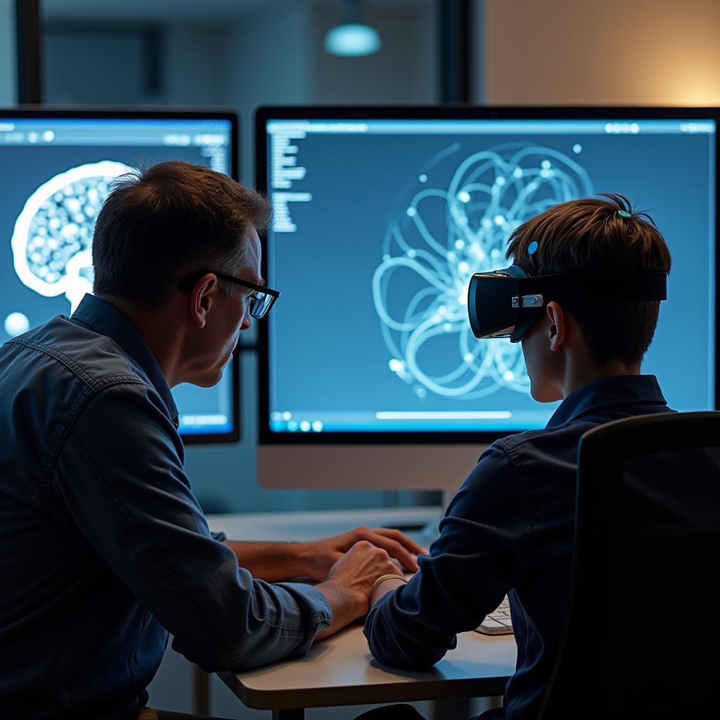 Researcher monitoring student's brain activity using EEG during a VR educational session, gaining real-time insights for adaptive learning.