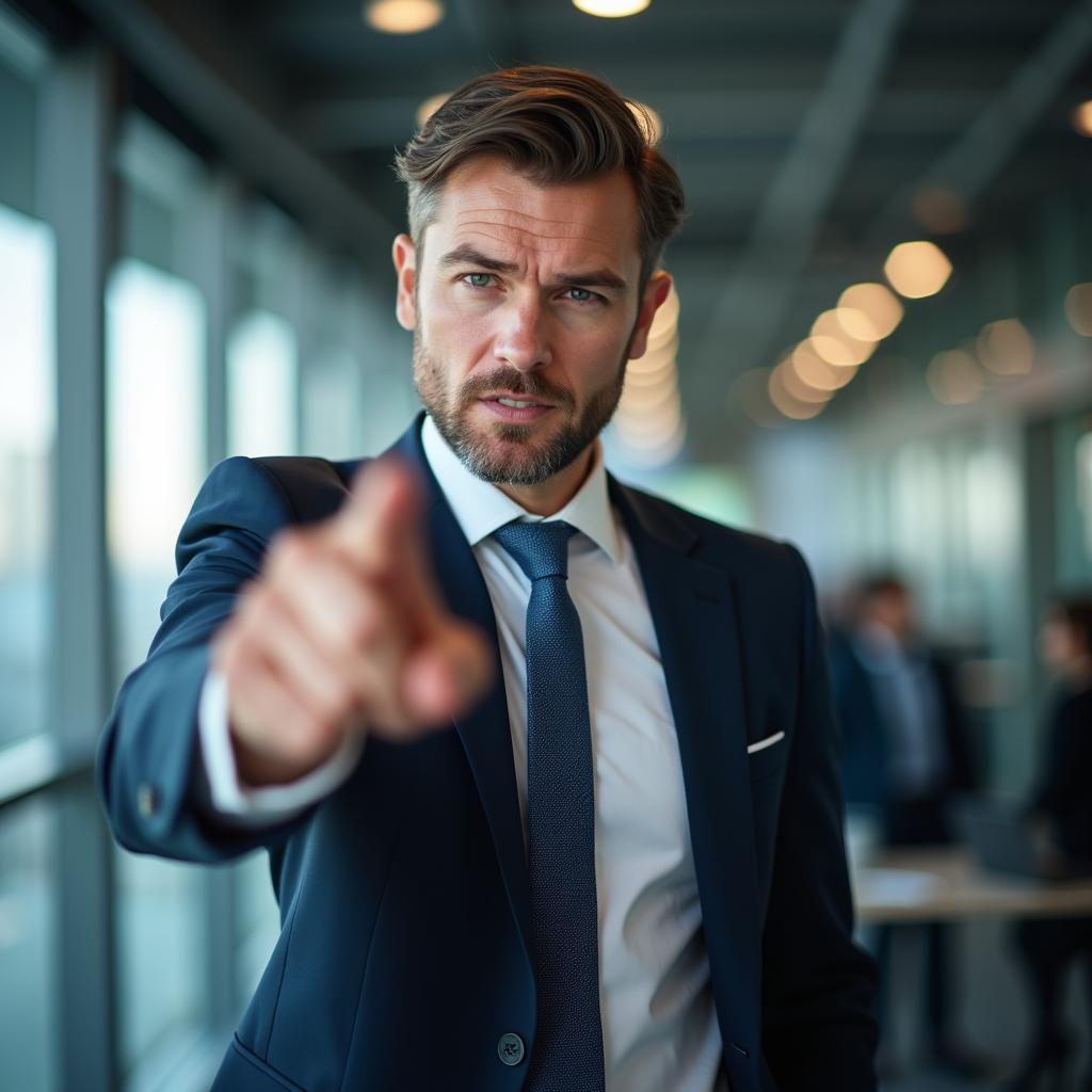 A confident business leader making a quick, decisive gesture in a modern office, illustrating effective leadership and rapid decision-making.