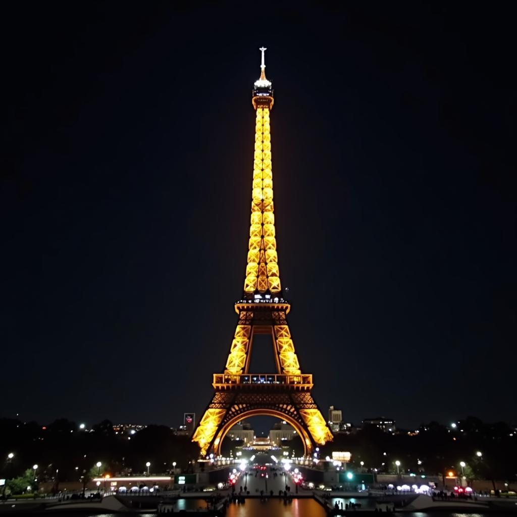The iconic Eiffel Tower in Paris illuminated at night, a breathtaking, world-renowned architectural landmark.
