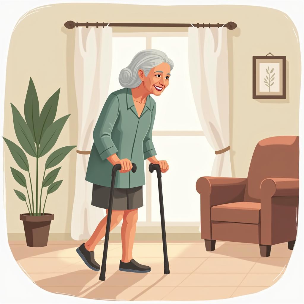 Elderly person with balance difficulties due to poor muscle tone; health and aging context.