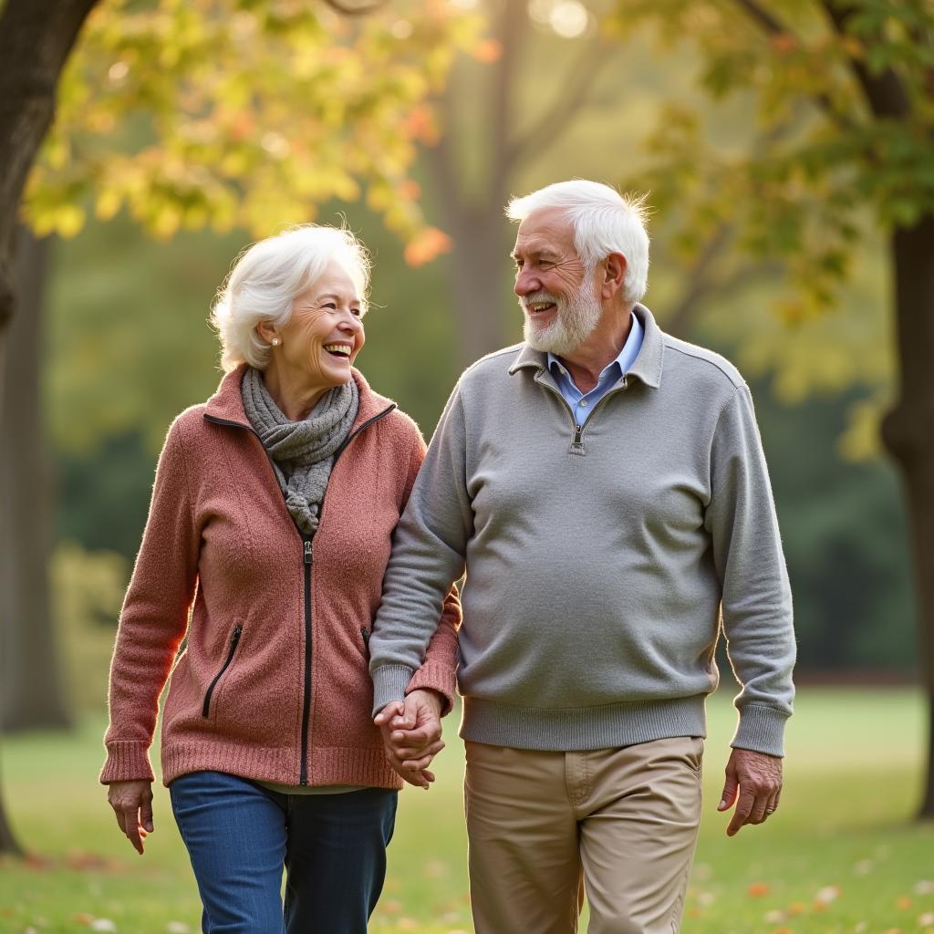 Elderly couple enjoying a healthy, fulfilling extended lifespan, walking hand-in-hand in a sunlit park.