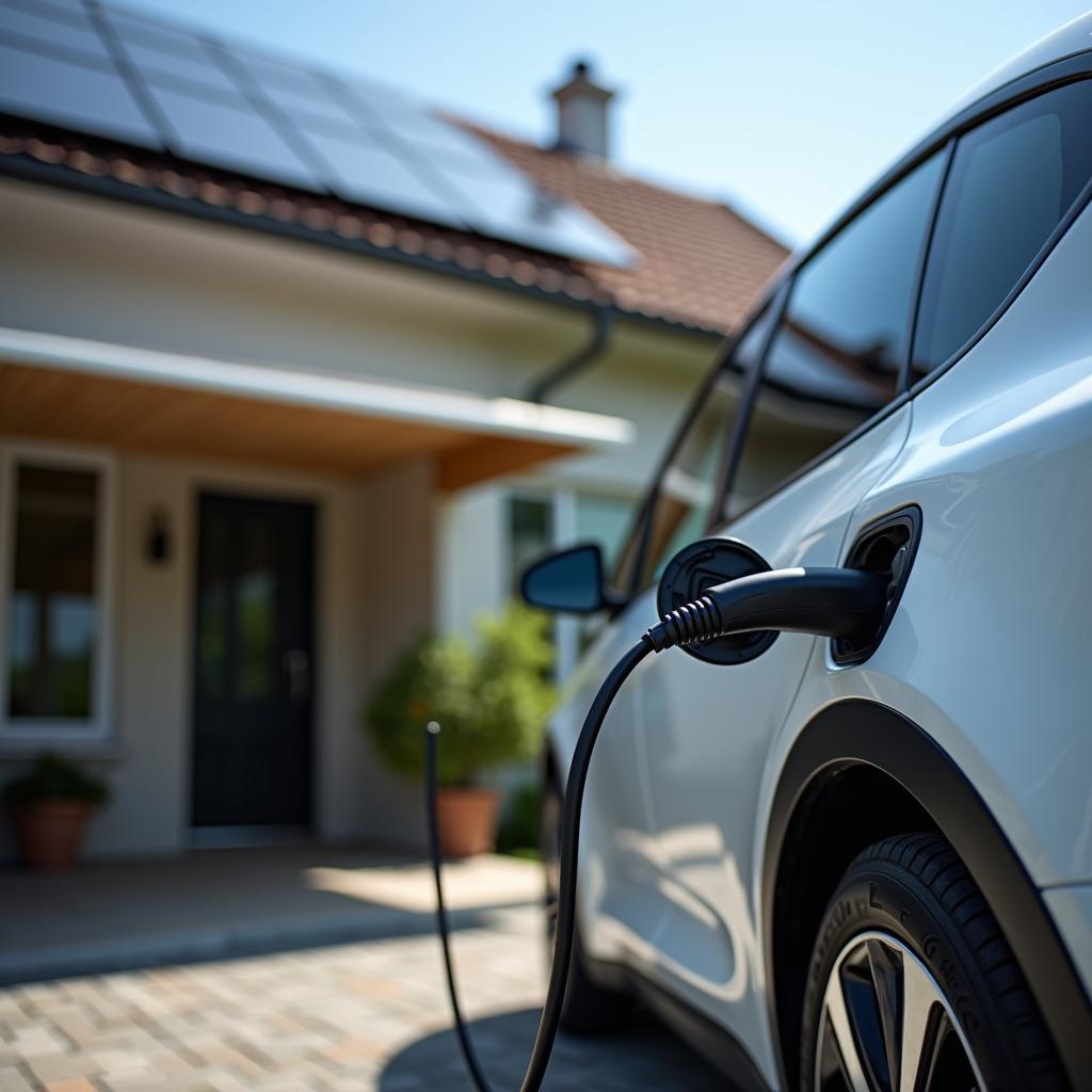 Electric car charging, with home solar panels visible, demonstrating renewable energy powering sustainable e-mobility.