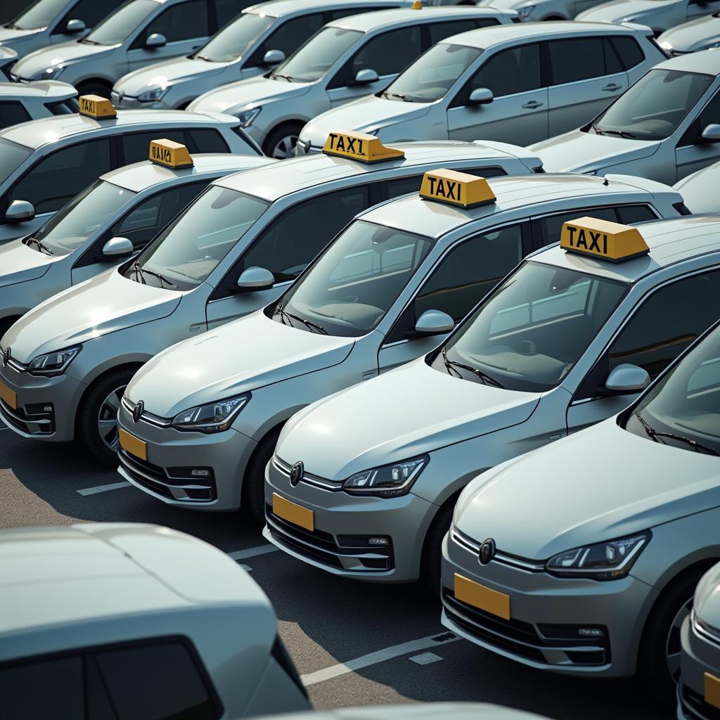 Organized fleet of electric taxis parked, showcasing EV adoption in urban transportation industry for sustainability.