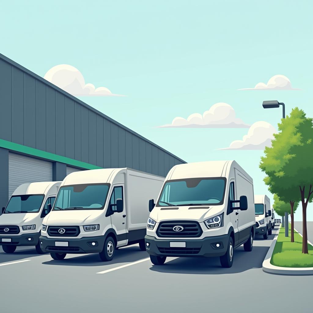 Electric commercial vehicles charging at an industrial logistics depot, promoting green transportation solutions.