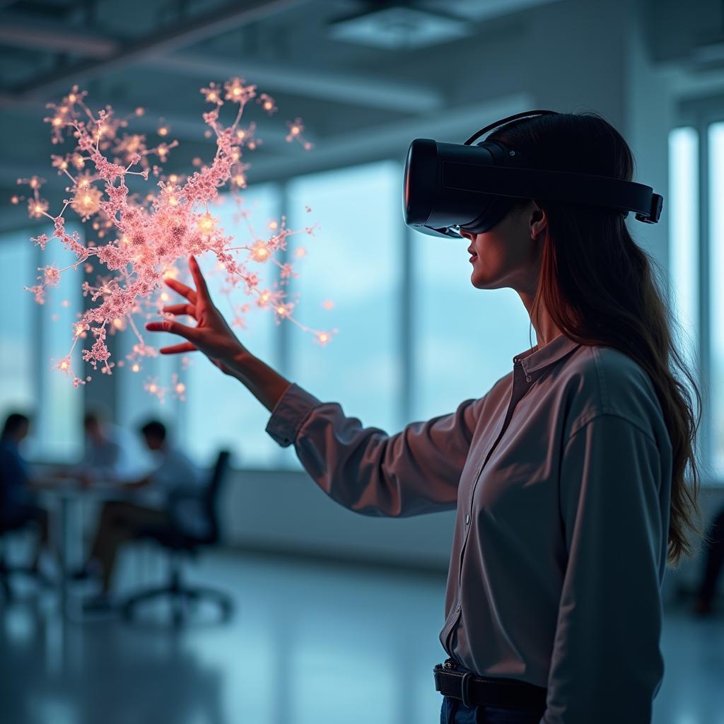 Student physically interacting with a large virtual molecule in a VR environment, demonstrating embodied cognition in science education.