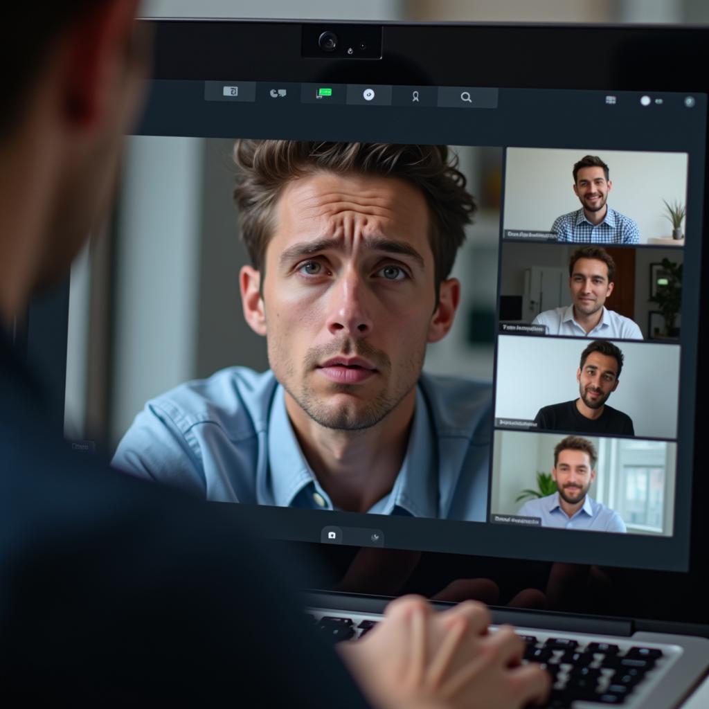 Employee tired and overwhelmed during video conference call, illustrating Zoom fatigue and digital workplace technology stress.