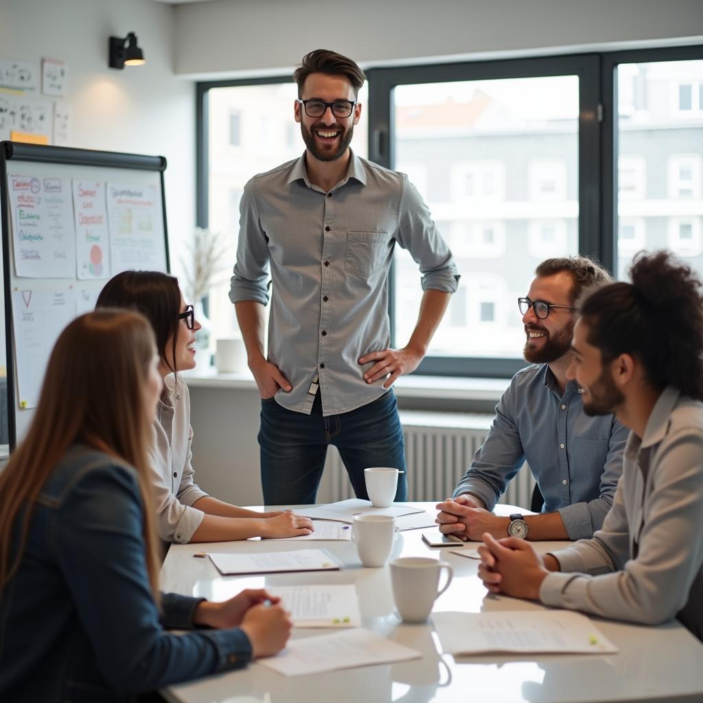 Enthusiasm in the workplace: leader inspiring team, creating positive environment, improving cohesion and productivity.