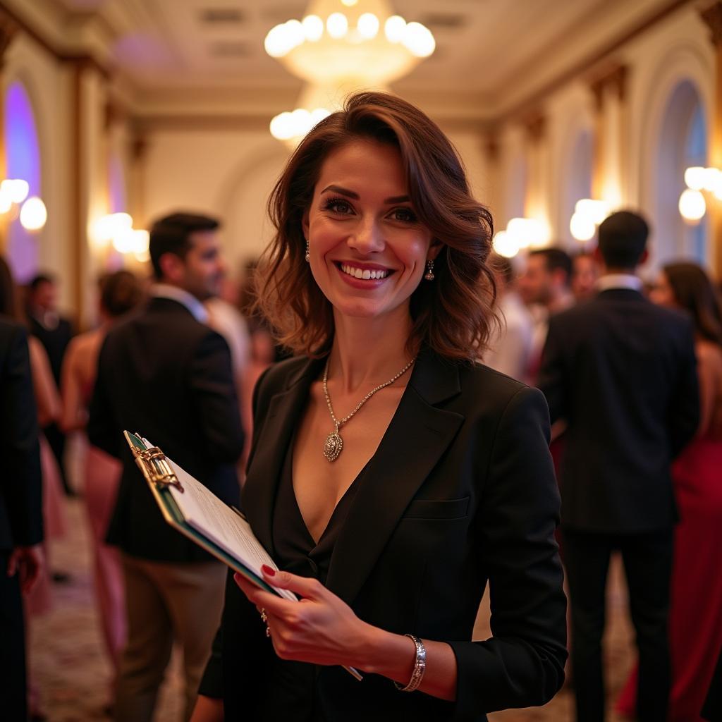 Jessica, an event organizer, confidently managing a bustling charity gala with attention to detail