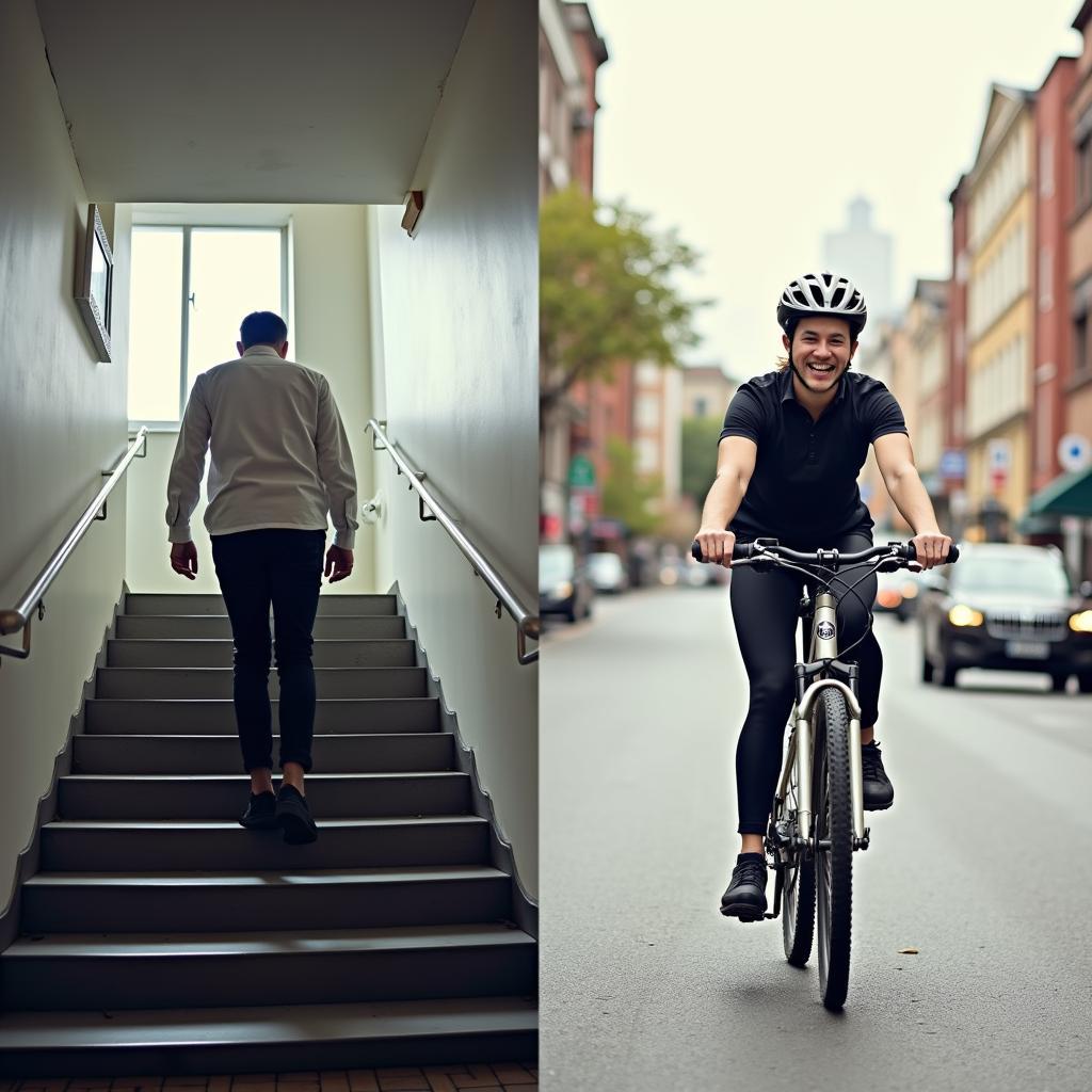 Collage of person on stairs and cycling, showing active daily habits for gym-free fitness routines.