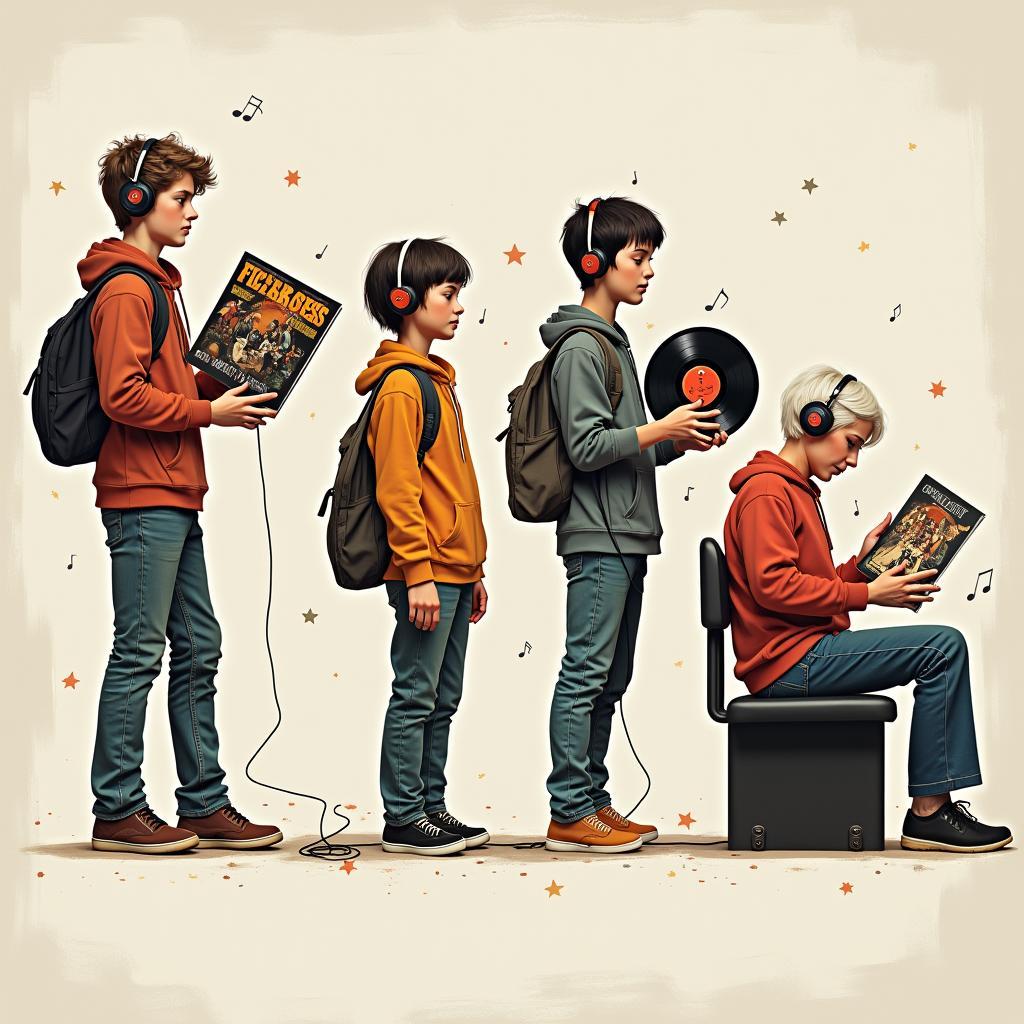 Montage showing different music genres enjoyed by a person from teenage years to adulthood