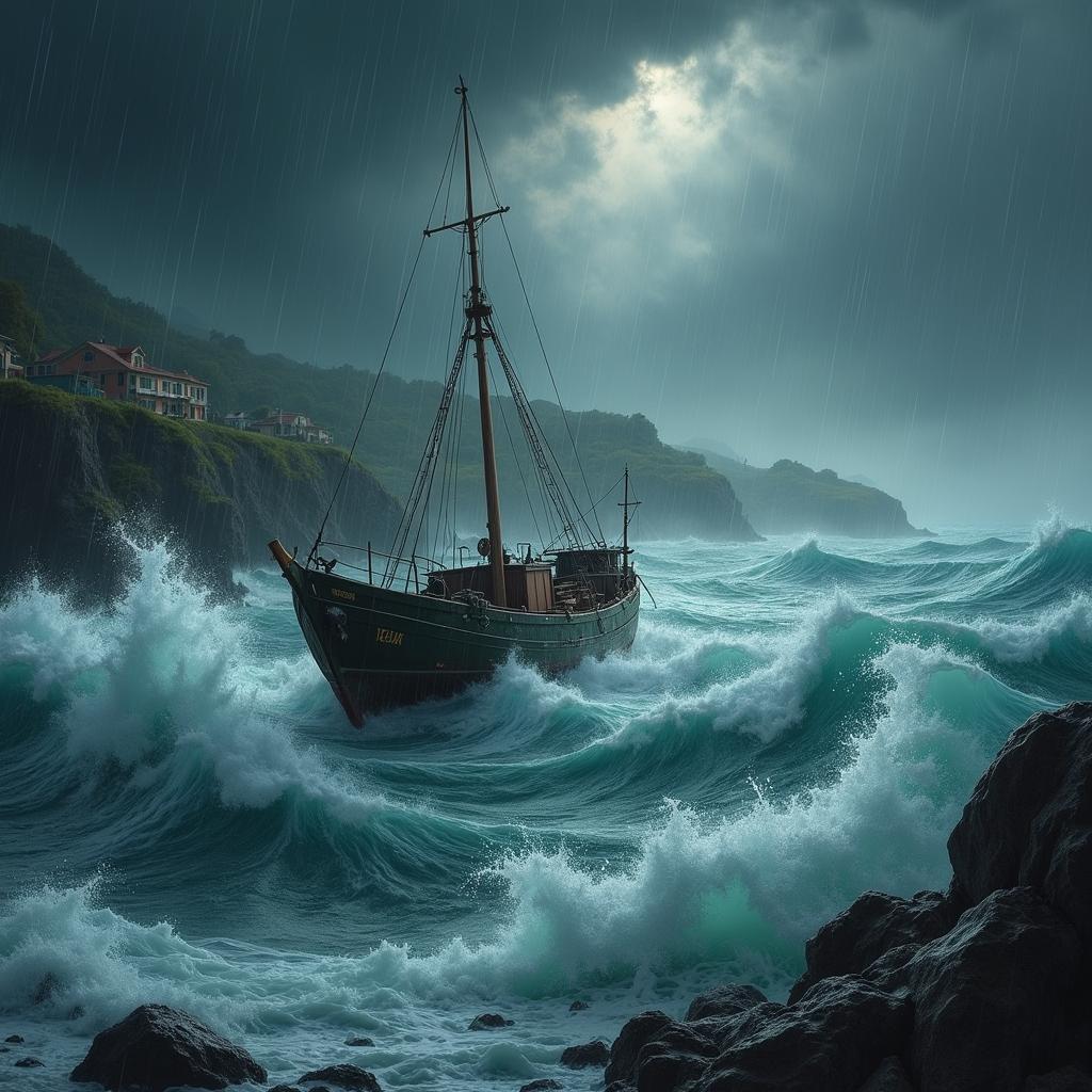 Fishing boats struggling in stormy seas caused by climate change-induced extreme weather, highlighting increased risks and dangers for coastal fishing communities.